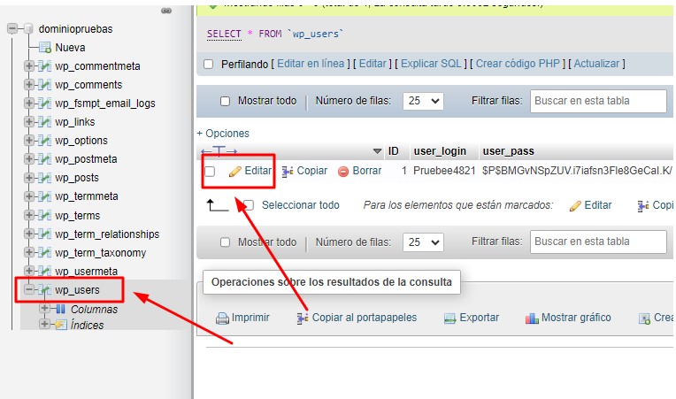 editar user wordpress phpmyadmin